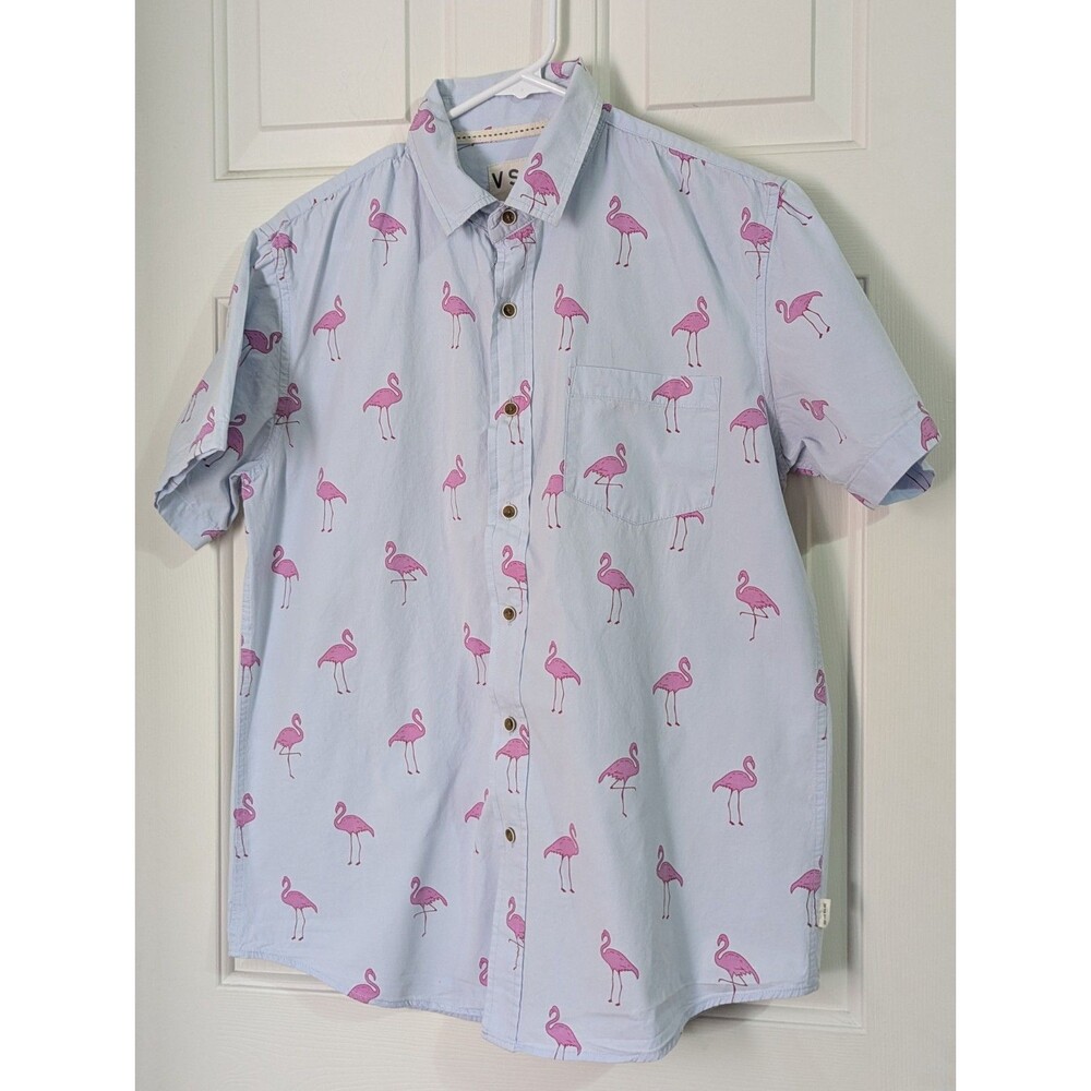 VSTR Button Up S/S Shirt Mens Medium Light Blue Pink Flamingos Miami Cotton